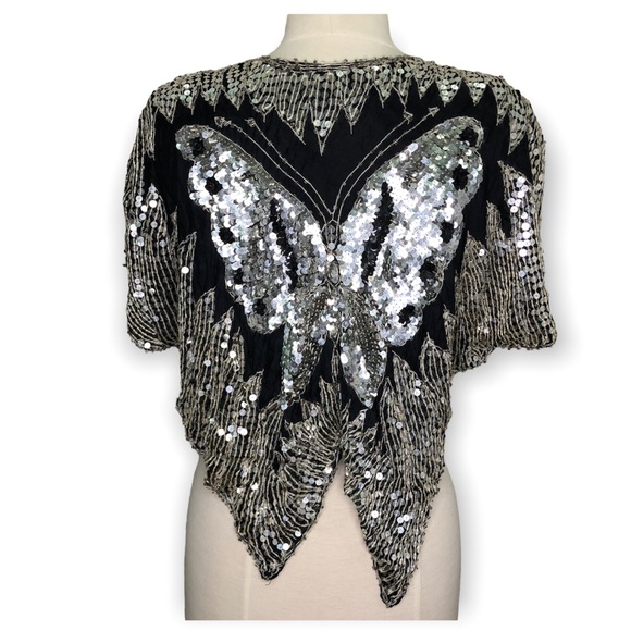 VINTAGE 70’s / 80’s Butterfly Beaded Embellishment Top 100% Silk - Picture 6 of 9